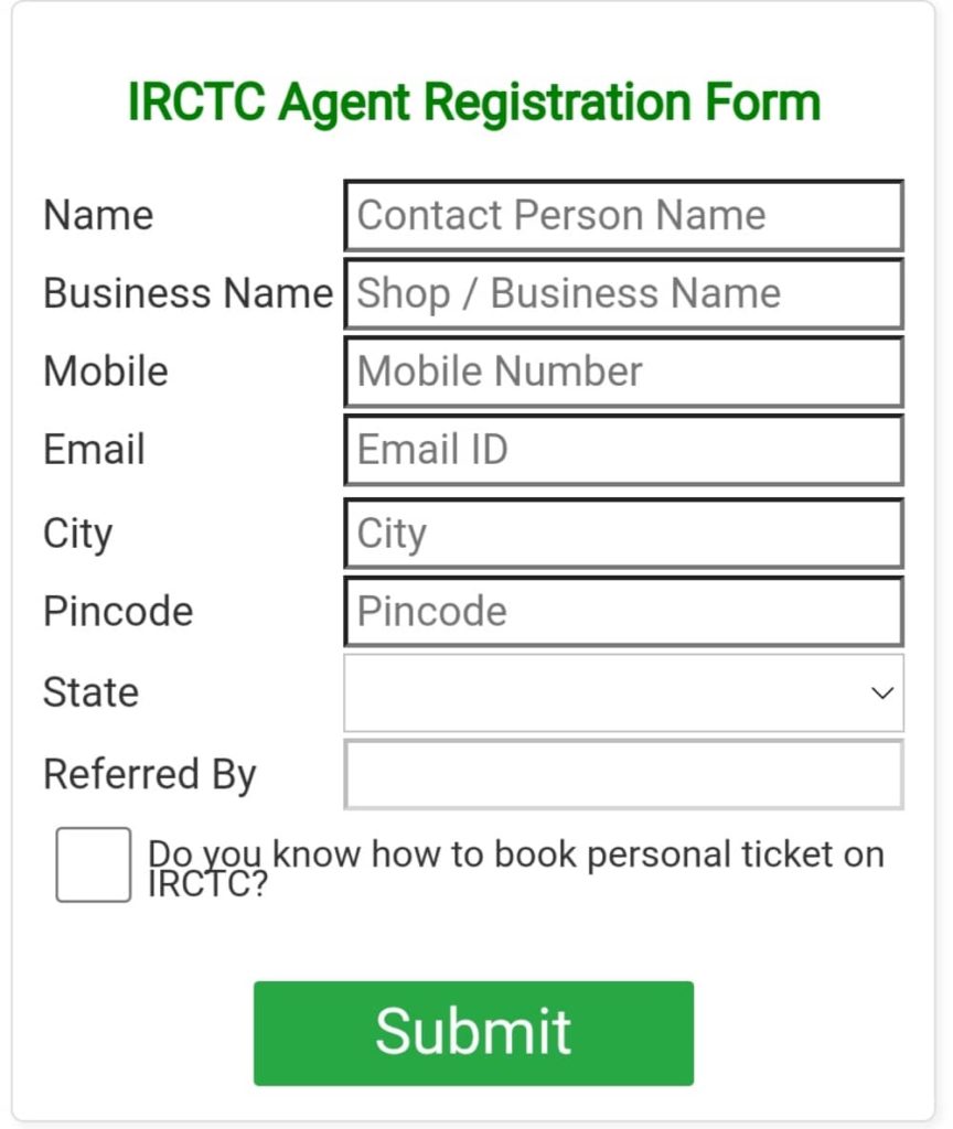 IRCTC Agent Online Registration Form