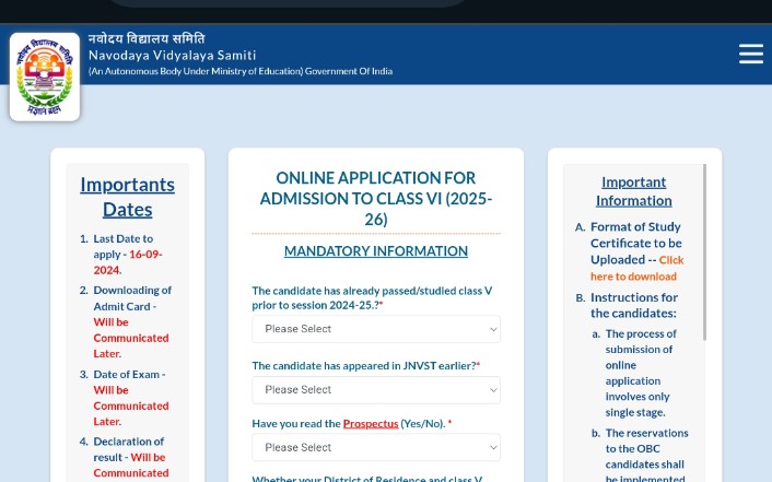 NVS Class 6 Admission Online Form 2024