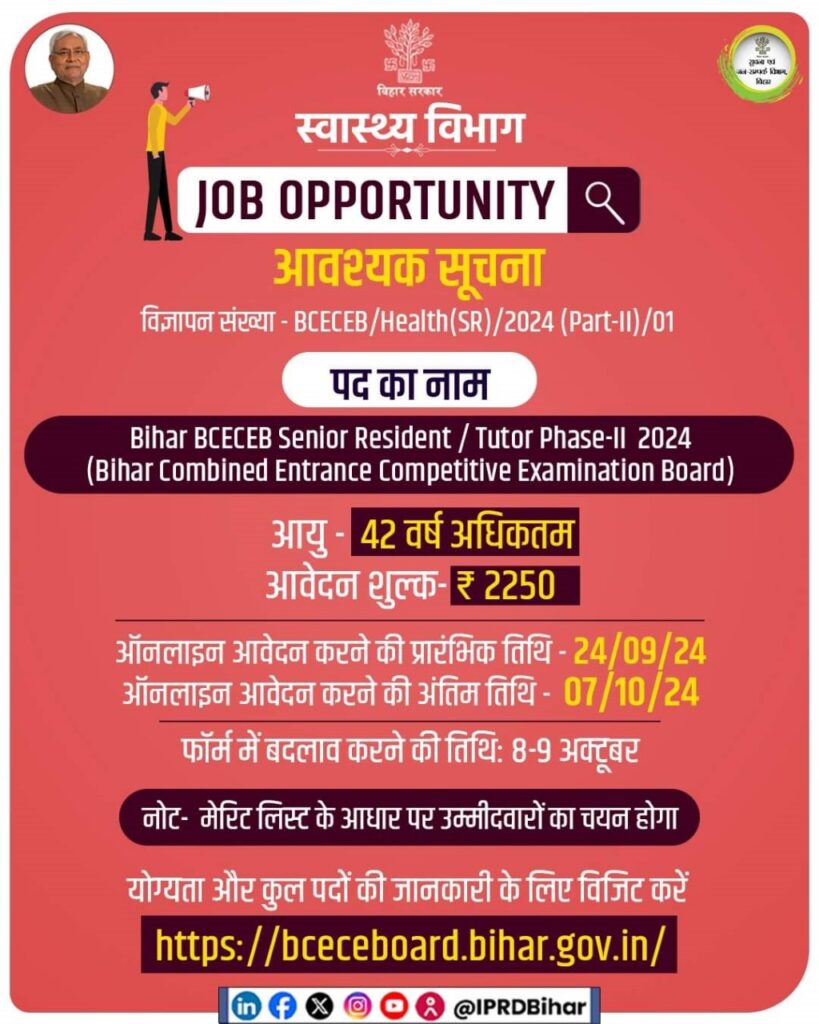 Bihar BCECEB Senior Resident Vacancy 2024