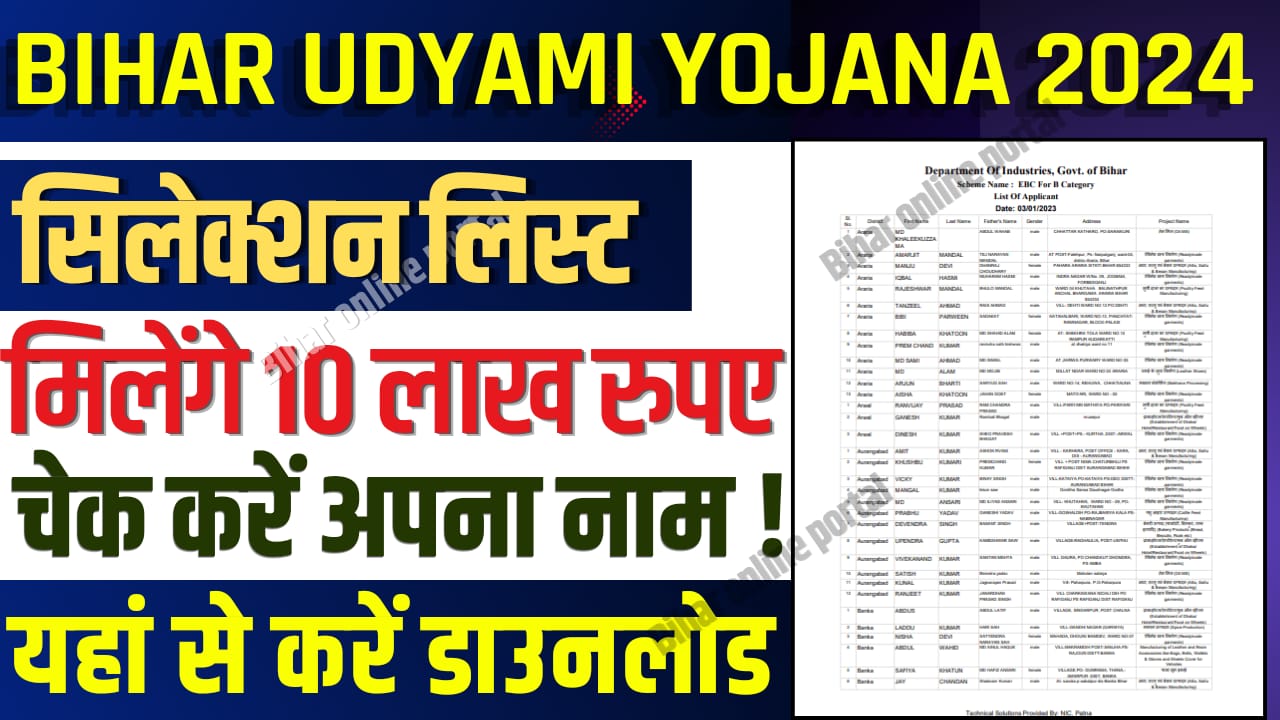 Bihar Udyami Yojana 2024 Final Selection List