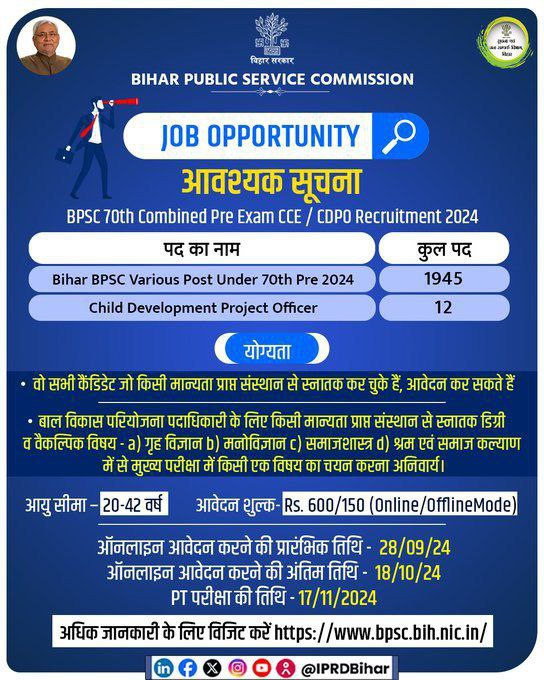 Bihar BPSC 70th Vacancy 2024